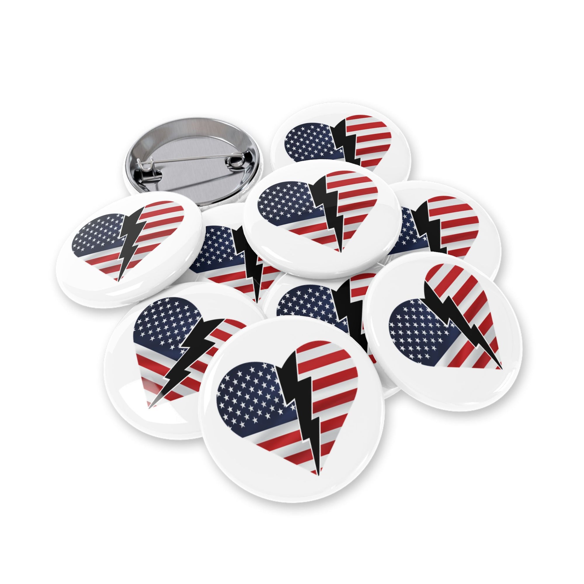 Patriotic Heart Lightning Bolt Round Pins - Perfect for American Holidays & Events