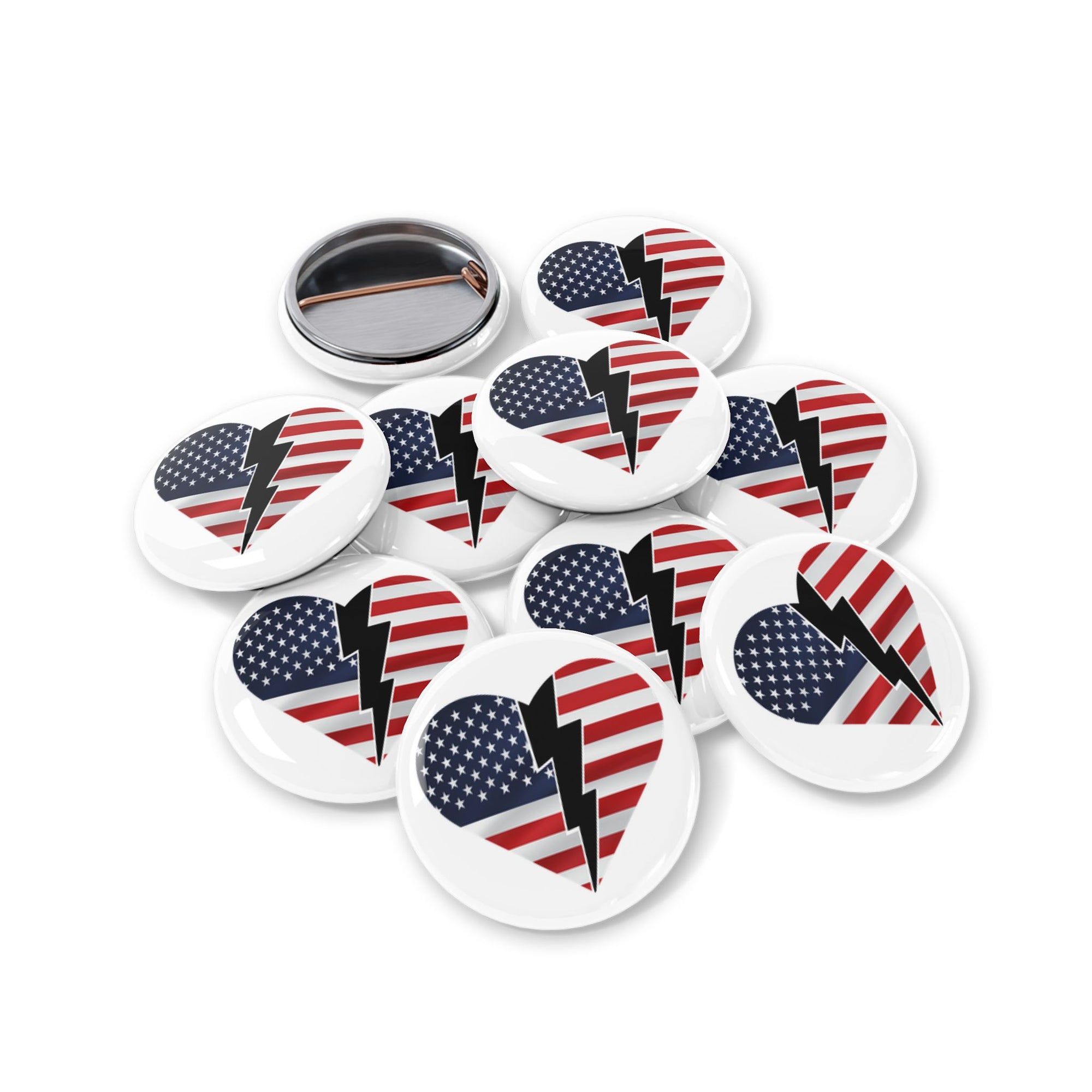 Patriotic Heart Lightning Bolt Round Pins - Perfect for American Holidays & Events