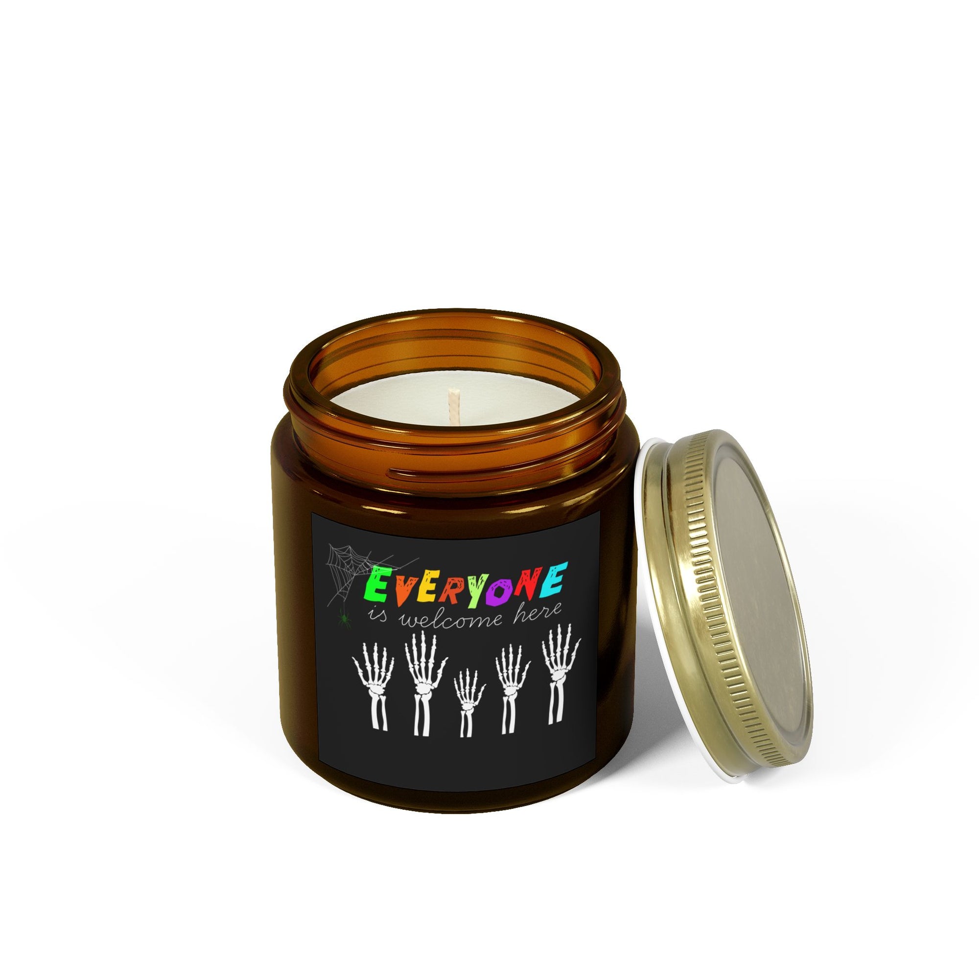 Everyone Is Welcome Here Skeleton Hands Scented Candles, Coconut Apricot Wax (4oz, 9oz)