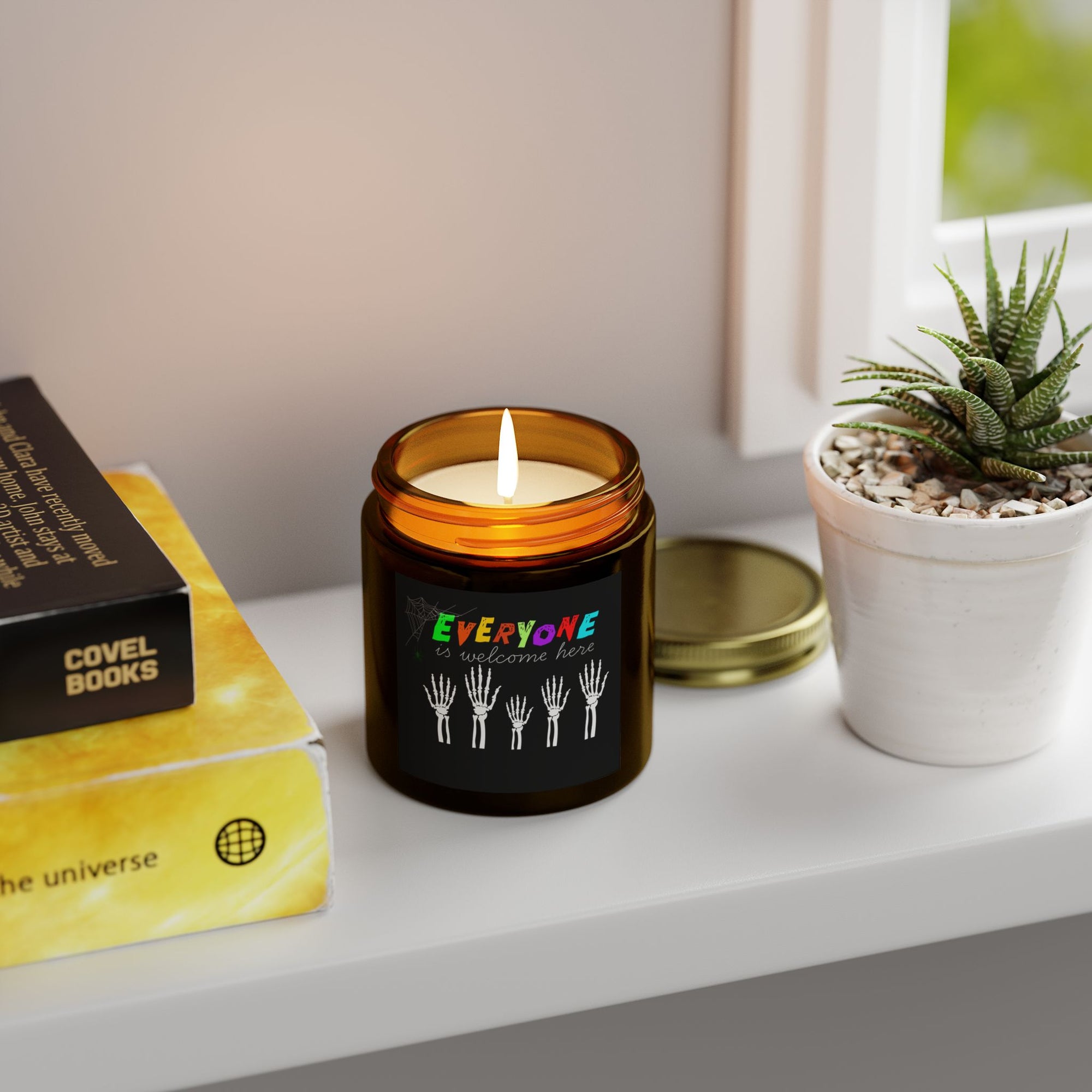 Everyone Is Welcome Here Skeleton Hands Scented Candles, Coconut Apricot Wax (4oz, 9oz)