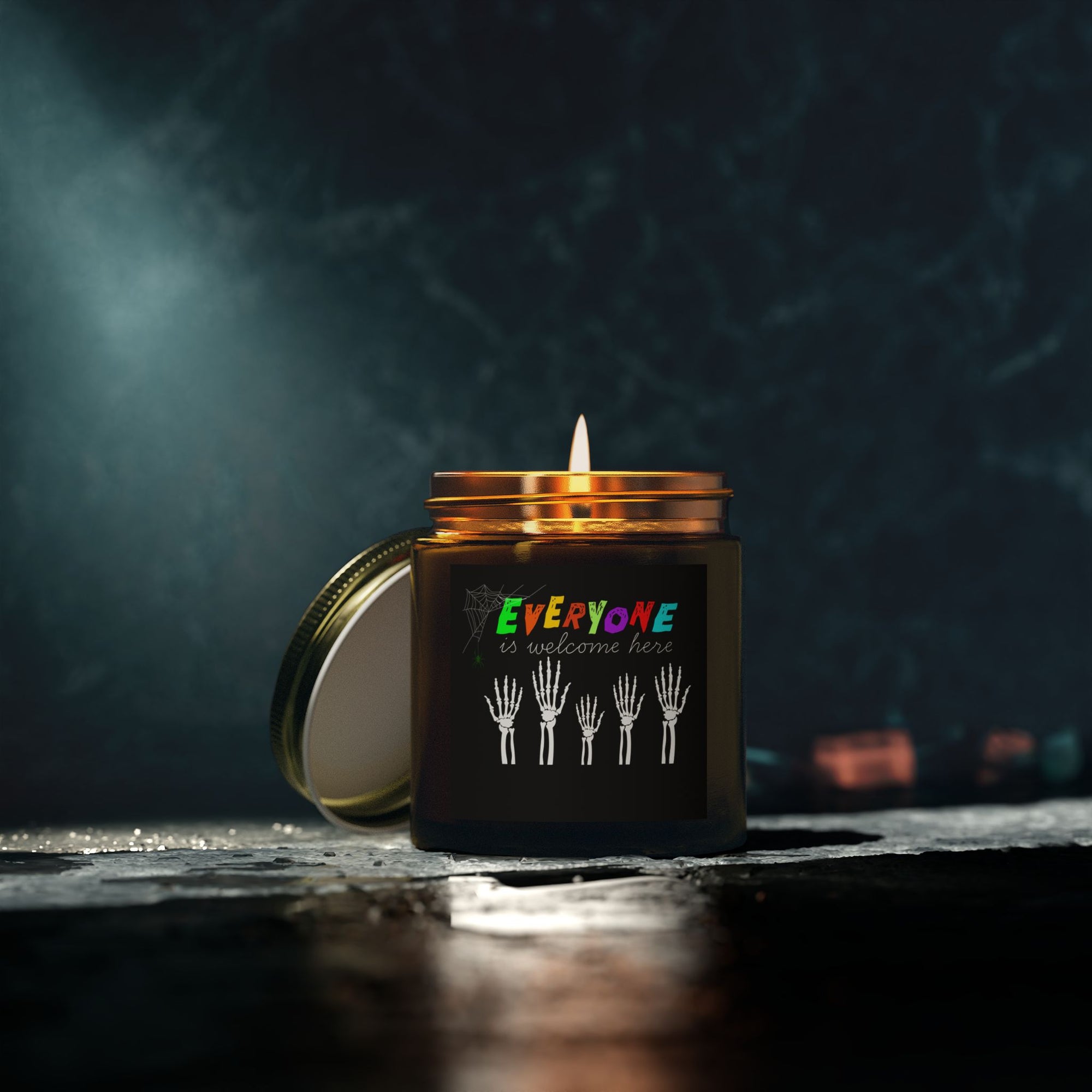 Everyone Is Welcome Here Skeleton Hands Scented Candles, Coconut Apricot Wax (4oz, 9oz)