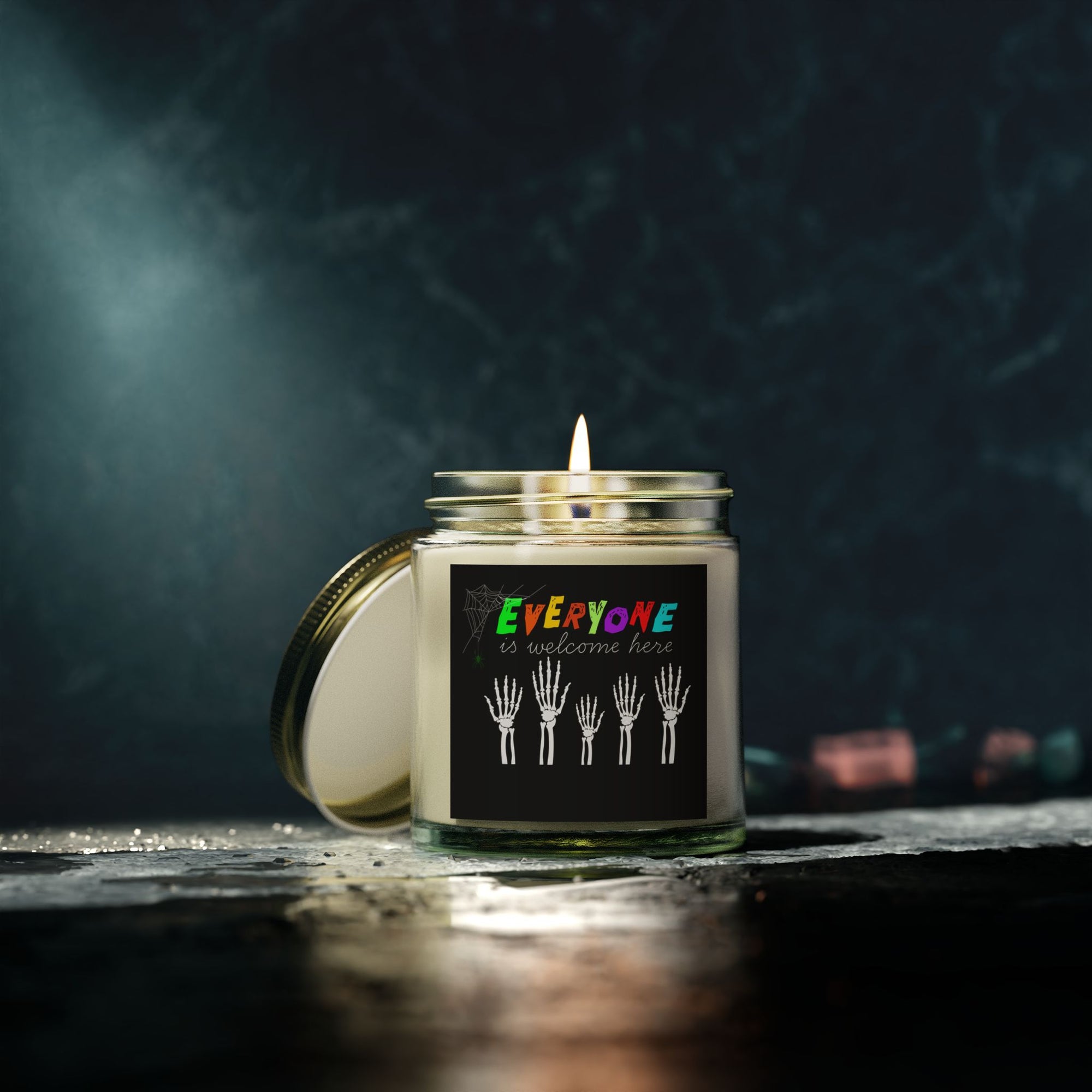 Everyone Is Welcome Here Skeleton Hands Scented Candles, Coconut Apricot Wax (4oz, 9oz)