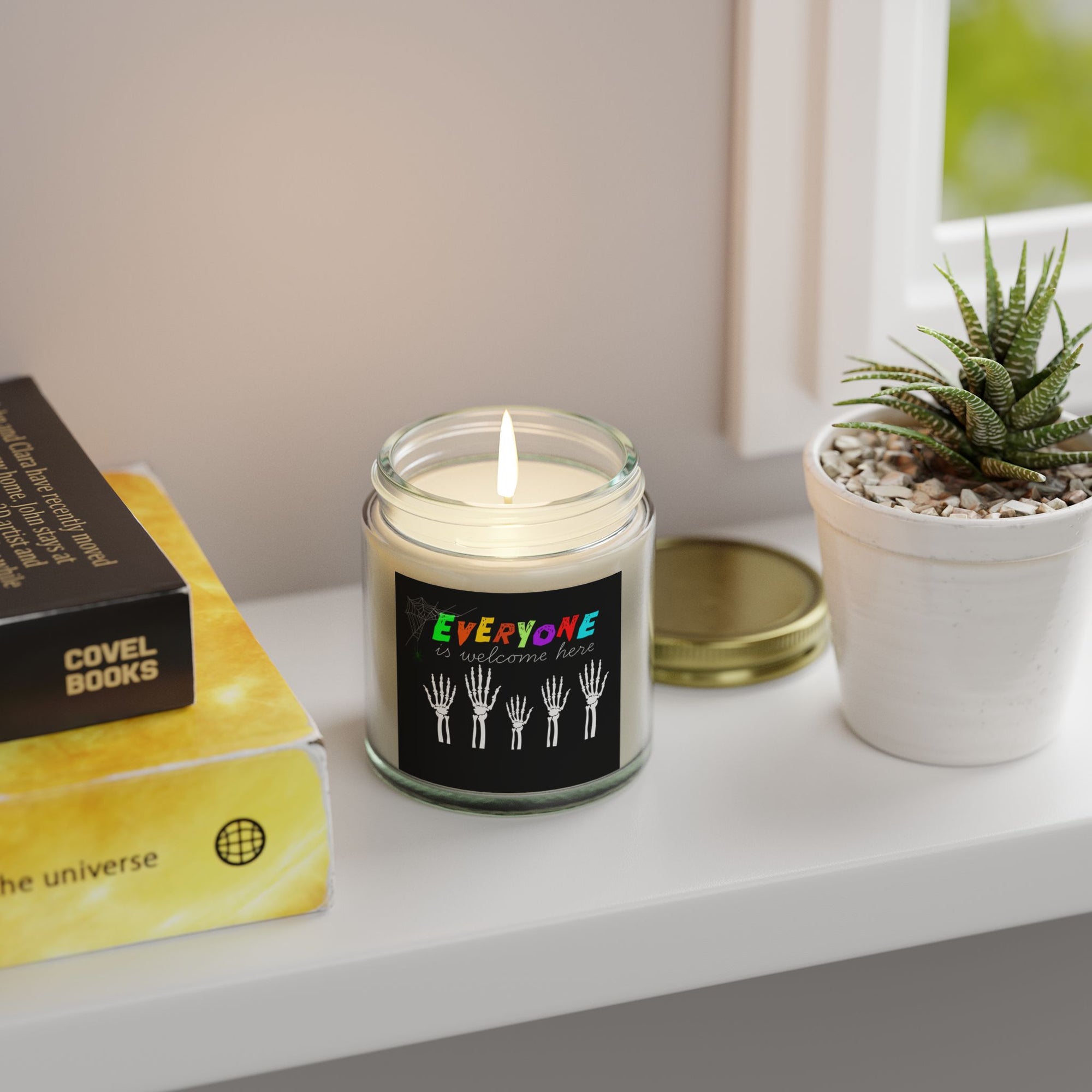 Everyone Is Welcome Here Skeleton Hands Scented Candles, Coconut Apricot Wax (4oz, 9oz)